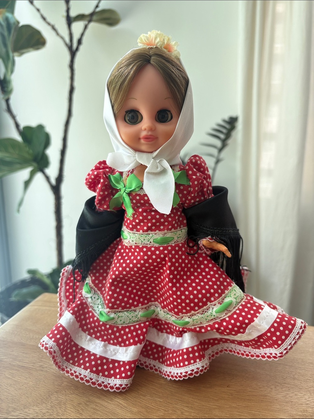 Vintage-Style Spanish doll, Flamenco doll with red polka dots dress.